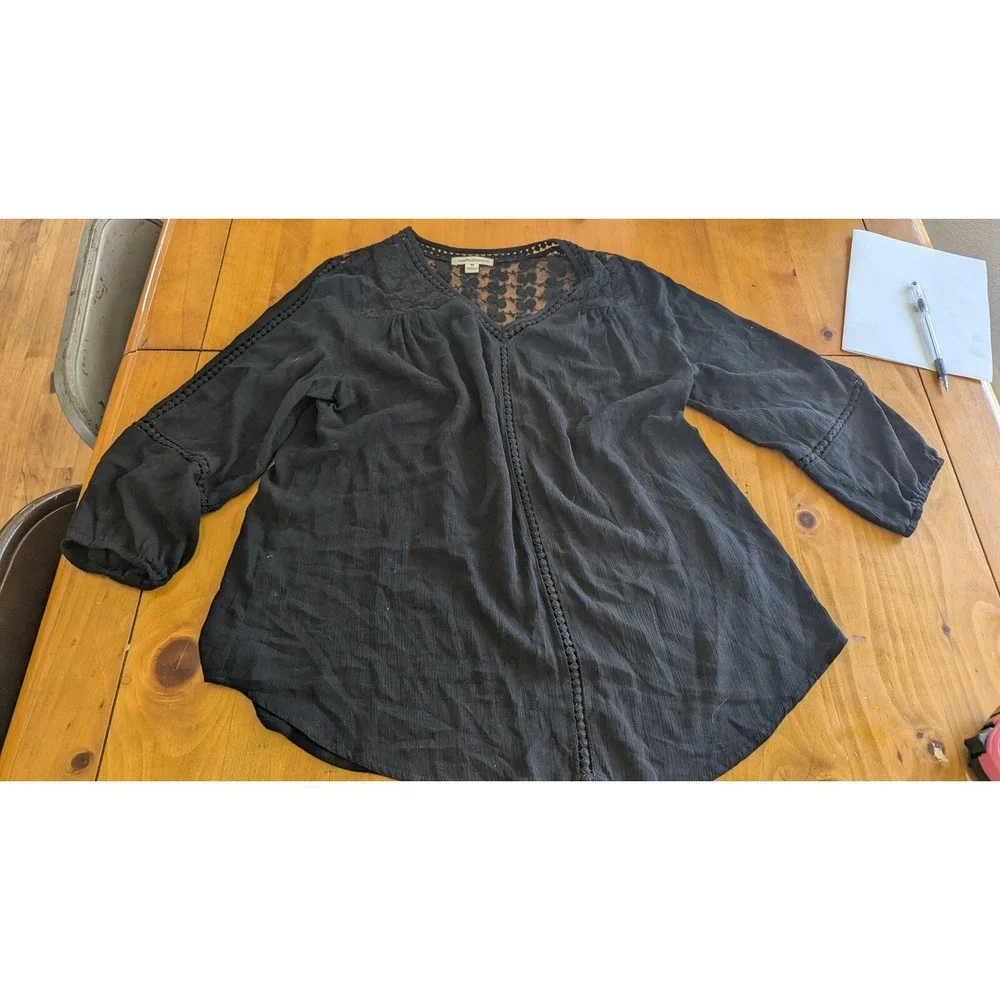 John Paul Richard Black‎ Lace Trim Blouse Bohemian Flowy Top Medium